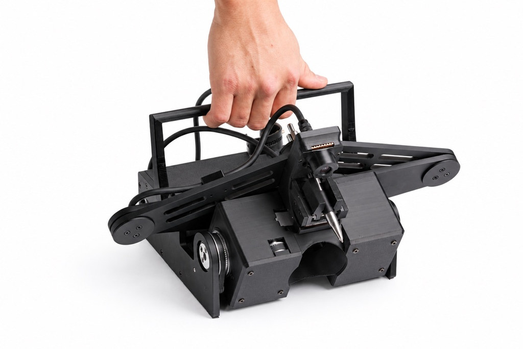 A hand lifting folded CorkBot by its carry handle