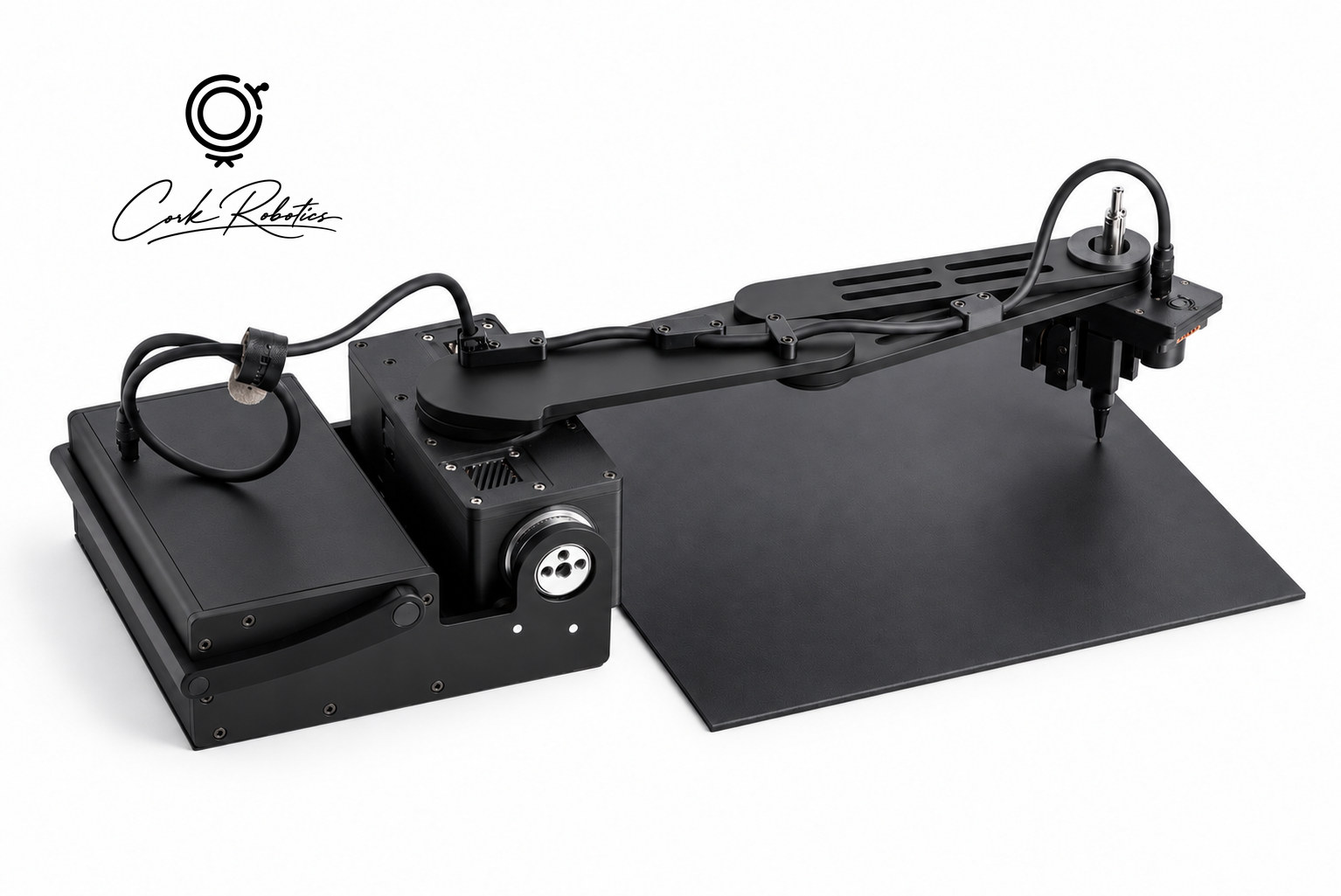 CorkBot with its drawing arm extended over a black work mat