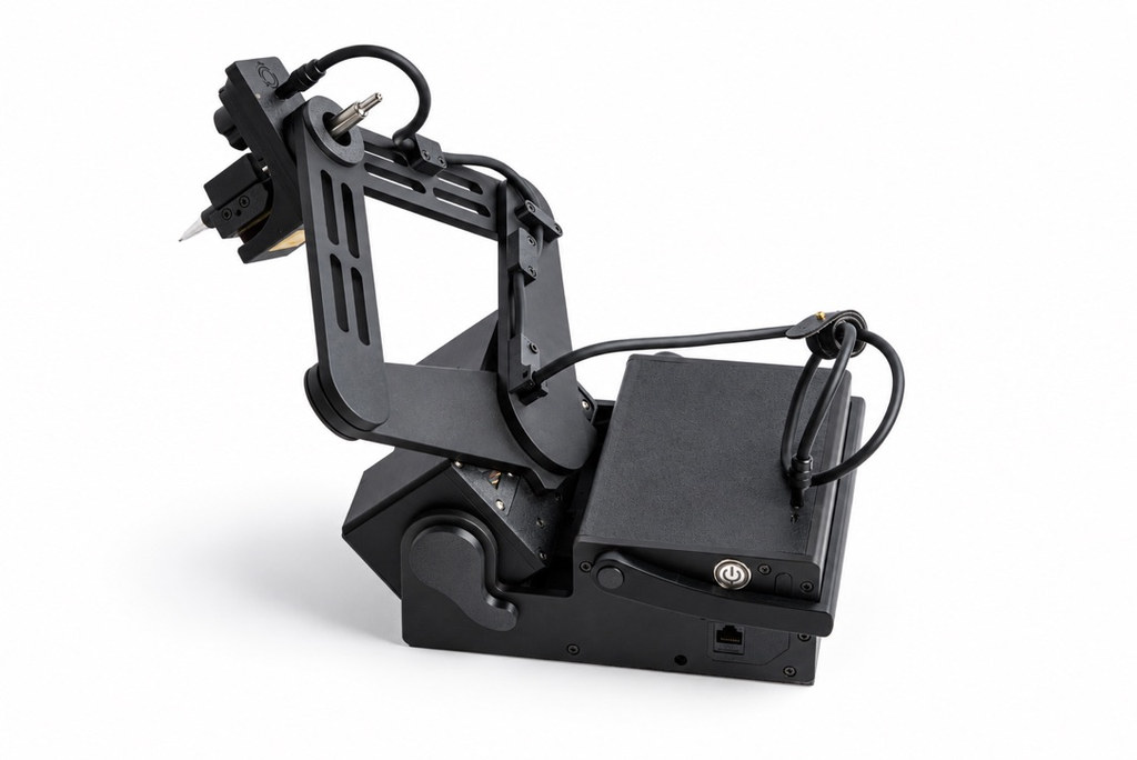Side view of CorkBot with its drawing arm raised and pen visible
