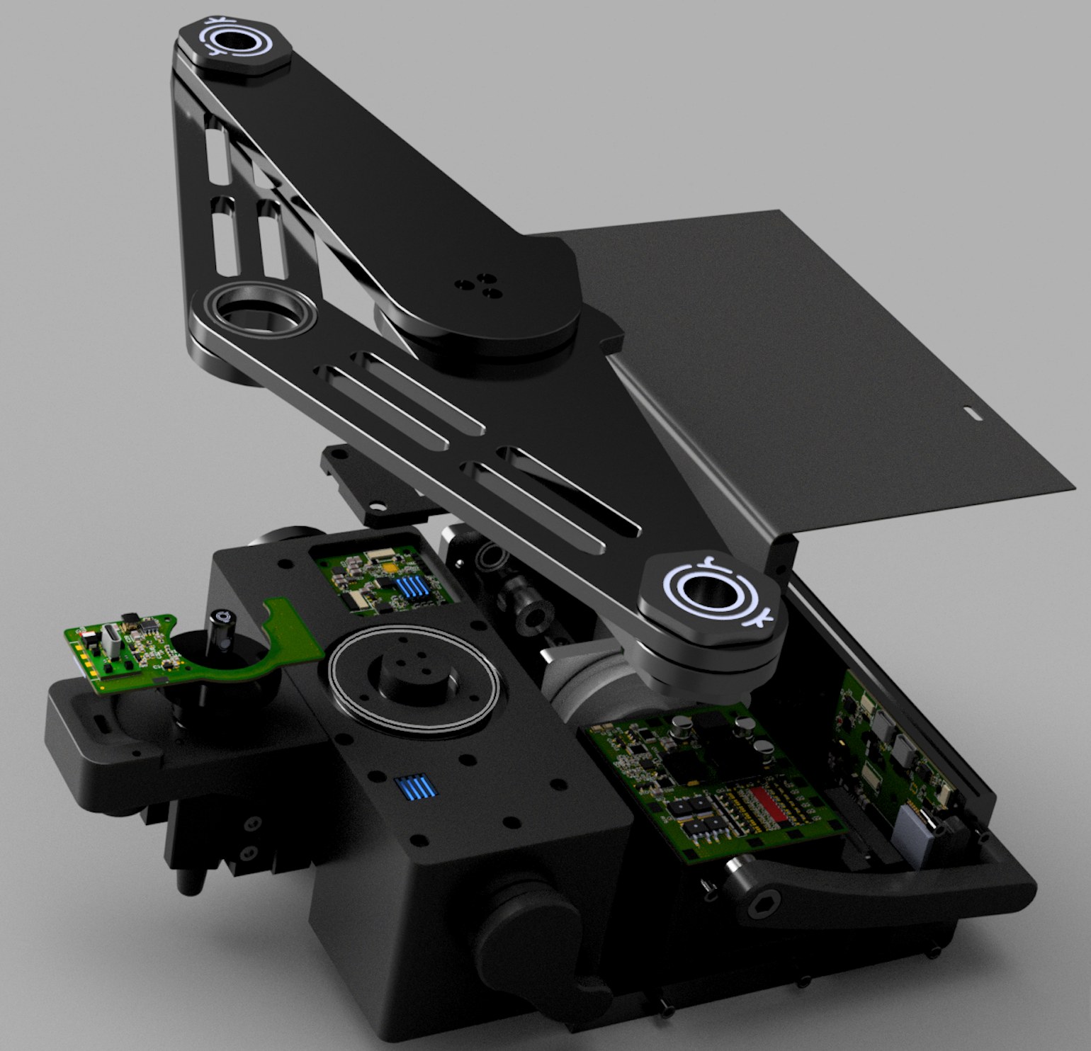 Exploded development render of the corkBot V0 core robot assembly.